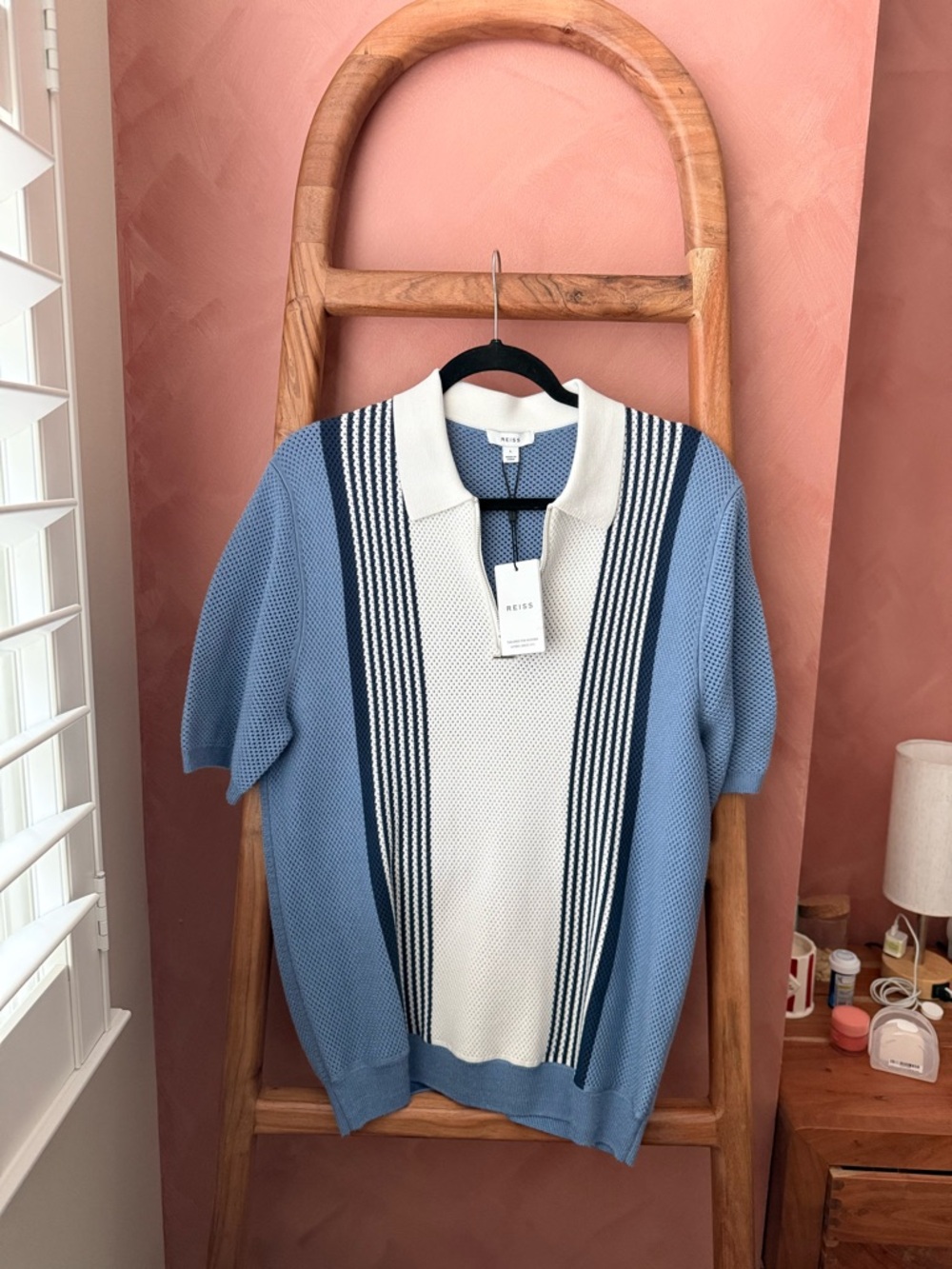 NWT Reiss Men's Berlin Striped Half Zip Polo Shirt
